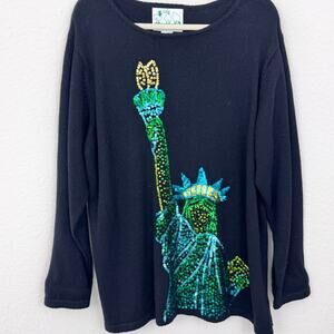 Quaker Factory Womens Vintage Sweater Size 1X Sequin Statue Liberty Ramie Cotton